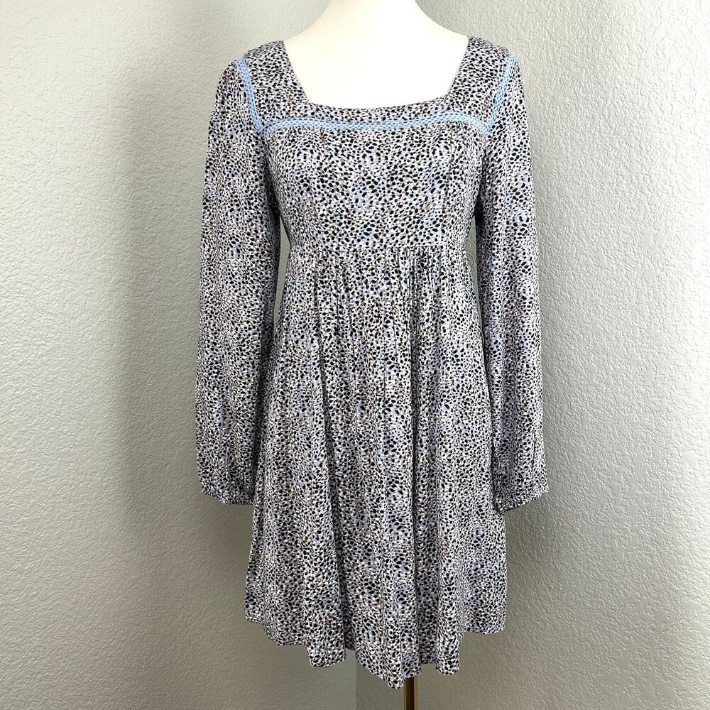 Jessica Simpson Women 's Blue Casual Dress Long Sleeve Square Smocked Neck L
